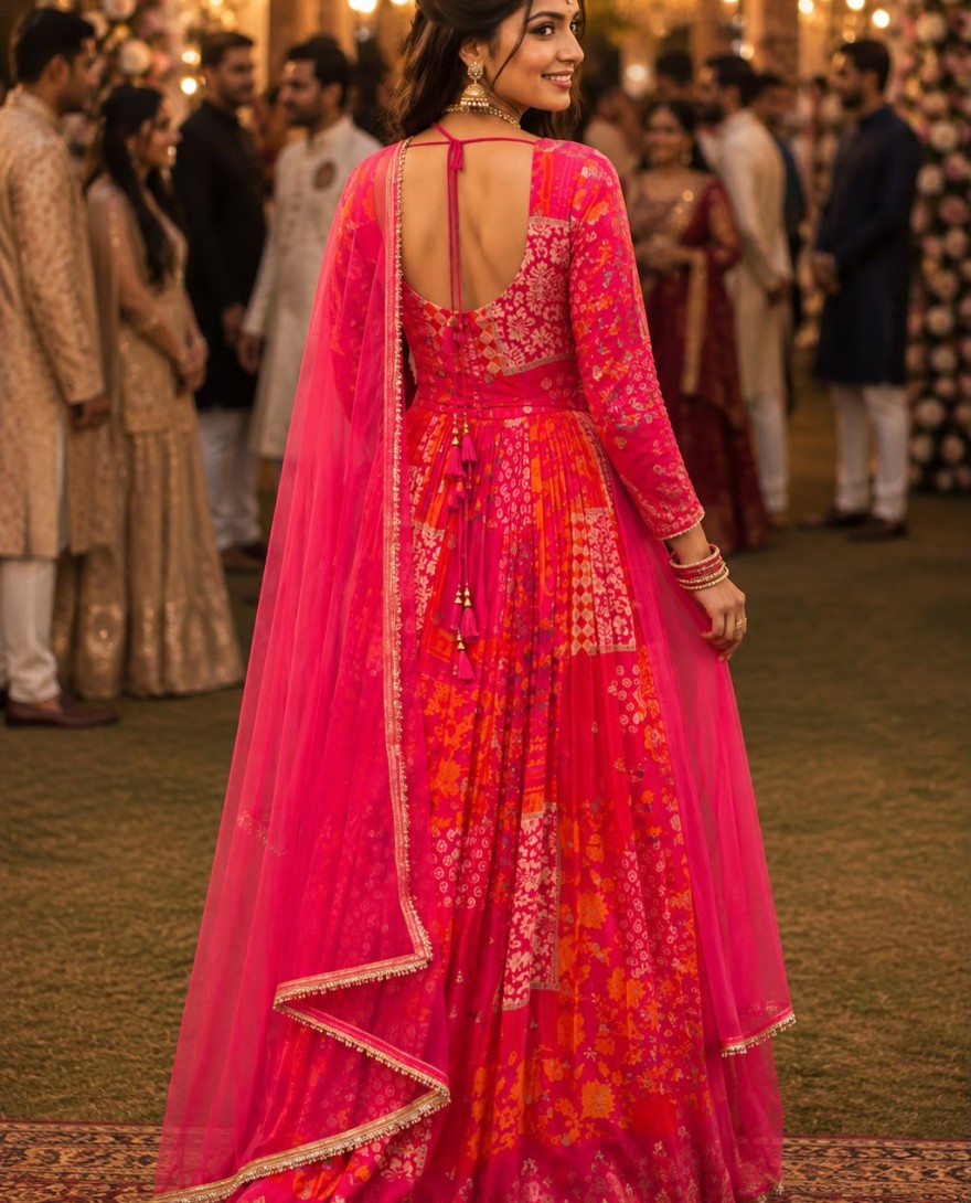 PINK - Pink Viscose Designer Gown with Embroidered and Print Work